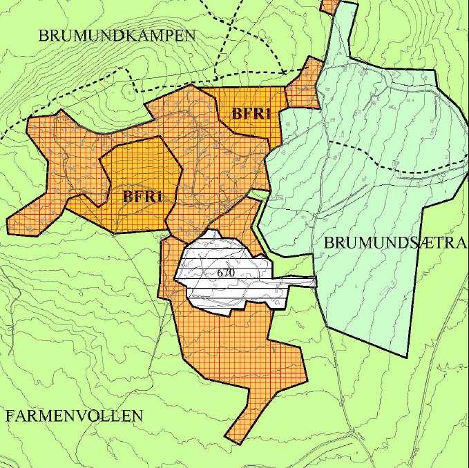 BFR1 Brumundkampen, fortettingsområder Dagens arealformål: LNF Foreslått arealformål: Fritidsbebyggelse Arealstørrelse: ca125 daa Nye arealer for fritidsbebyggelse omfatter skogsmark.