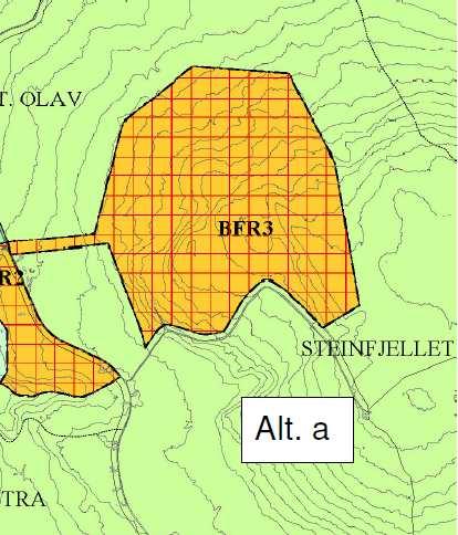 BFR3 Stenfjellet to alternativer Dagens arealformål: LNF Foreslått arealformål: Fritidsbebyggelse Alternativ 1: Vang almenning sitt forslag, ca 498 daa Alternativ 2: Justert område hvor