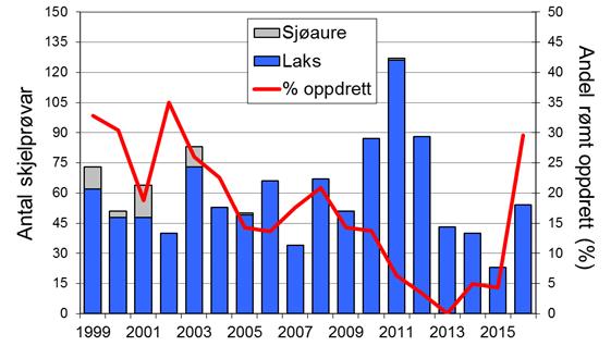 Skjel 2016 FANGST OG SKJELPRØVAR I ÅRØYELVA Fangststatistikk I perioden 1969-2016 var gjennomsnittleg årsfangst 79 laks (snittvekt 6,6 kg) og 60 sjøaurar (snittvekt 1,1 kg).