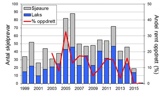 Skjel 2016 FANGST OG SKJELPRØVAR I OLDENELVA Fangststatistikk I perioden 1969-2016 var gjennomsnittleg årsfangst 73 laks (snittvekt 6,6 kg) og 147 sjøaure (snittvekt 1,8 kg).