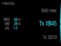 3.18. Gassblandinger Hvis Nitrox- eller Trimix-dykkemodus er valgt, må du definere gassen(e) for at dekompresjonsalgoritmen skal fungerer riktig. Du definerer gassene under Gas(es) (gass(er)).