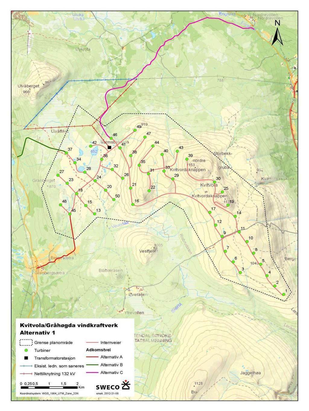 Figur 1. Planområde for Kvitvola/Gråhøgda vindkraftverk, alternativ 1, med eksempel på turbiner, nettløsning og alternative adkomstveier.