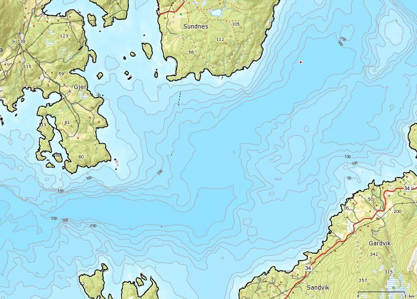 Halsnøy Seglberget 300 Fjellbergøy 350 350 367 Figur 4. Djupnetilhøva i Skånevikfjorden og utover i Bjoafjorden, med 50-meters djupnekoter. Posisjon for straummåling er markert med raud sirkel.