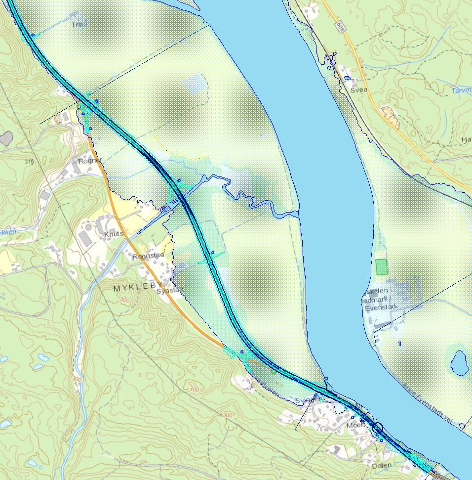 Figur 7: Veglinje og 200-års flomsone (NVE, 2002) ved Moen og Rognstad og Rogner. Rognstad/Rogner: Ny veglinje ligger innenfor flomsonen.