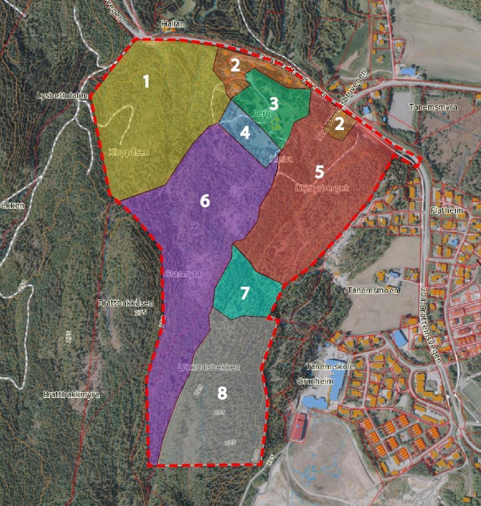 Eierforhold Planområdet består av store ubebygde eiendommer, et gårdsbruk og eksisterende boligeiendommer. I figuren under er det en oversikt over eiendommene i planområdet.