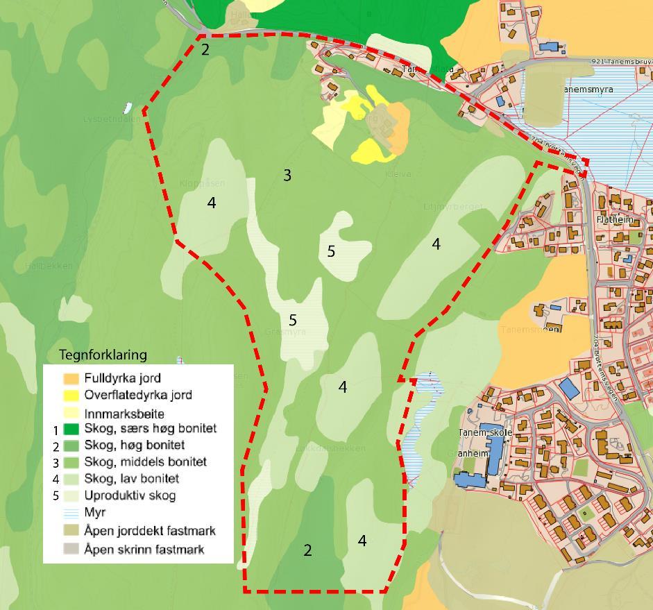 Markslagskart fra NIBIO viser at størstedelen av skogen i området har middels bonitet.