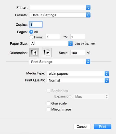 Utskrifter 5. Velg Utskriftsinnstillinger fra hurtigmenyen. På Mac OS X v10.8.x eller nyere, hvis Utskriftsinnstillinger-menyen ikke vises, har ikke Epson skriverdriveren blitt riktig installert.