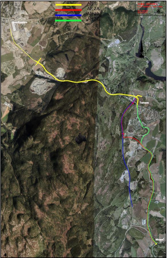 Fv. 704 Sandmoen - Tulluan Delstrekning 1, Sandmoen Tanem: (FK prosjekt) Gul trase pågående utbygging. Samlet ramme 442 mill.