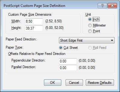 4 Klikk på [Papirstørrelse (Paper Size)] og velg [Egendefinert sidestørrelse for PostScript (PostScript Custom Page Size)] fra nedtrekkslisten.