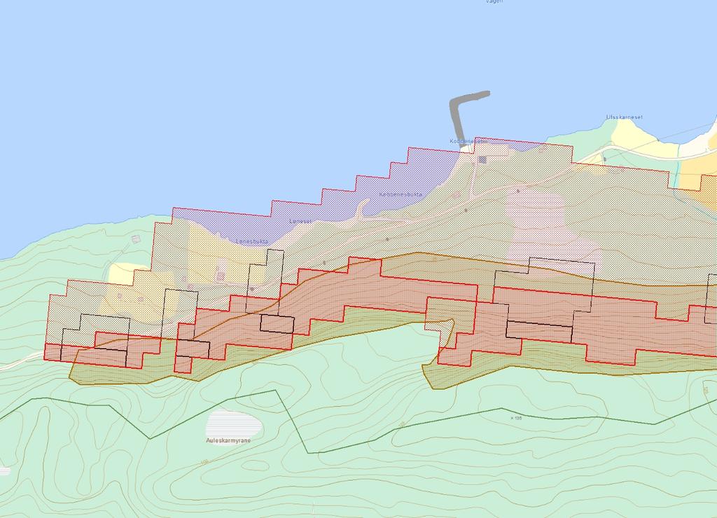 Tegnforklaring Utløsningsområde Snøskred Utløpsområde Snøskred Utløsningsområde Steinsprang Utløpsområde Steinsprang Aktsomhetsområde Snø/Stein Aktsomhetsområde Området ikke vurdert for skred