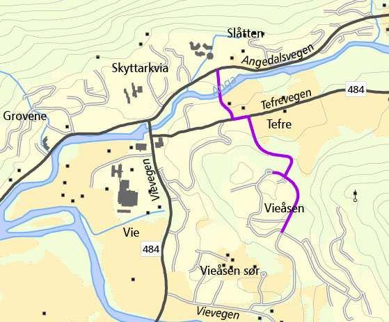 6.1.9 Frå Slåtten skule til Vieåsen Trase som er bygd ferdig som gang- sykkelveg mellom Tefrevegen og Angedalsvegen. Frå Tefrevegen til Vieåsen i samsvar med reg.plan Tefre Vieåsen, vedtatt 25.09.