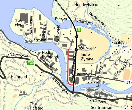 6.3.8 Elvegata frå Øyrane til Storehagen bru Eit alternativ langs Jølstra frå Øyrane til Storehagen bru. Gata er lokalgate til handelshusa i området.