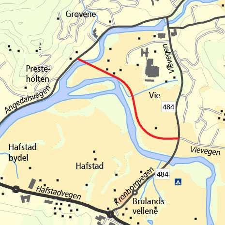 6.3.10 Frå Angedalsvegen over Anga til Vie- Svanehaug, Hafstad og Kronborgvegen Frå Angedalsvegen, bru over Anga og vidare langs Jølstra til kryss mellom Fv484 og Vievegen.