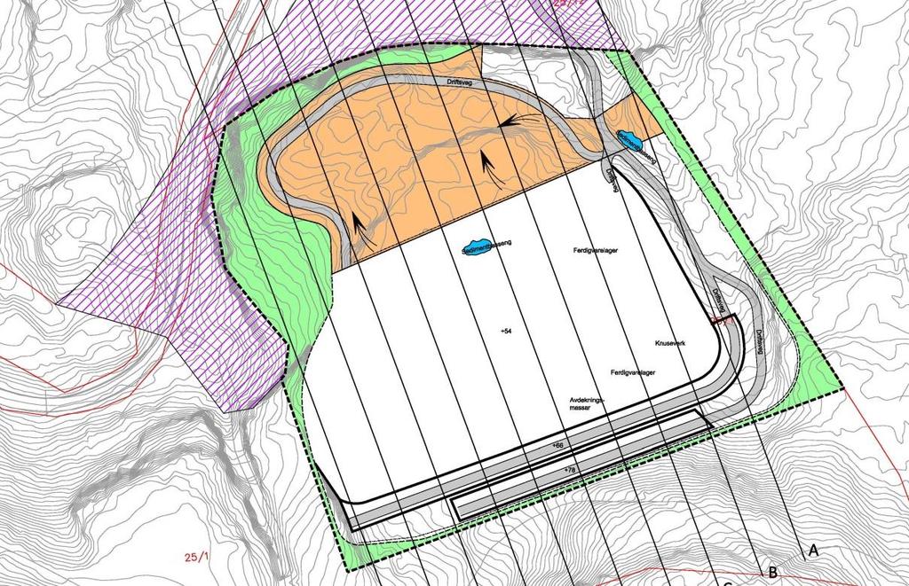 Figur 28: Illustrasjon av ferdig uttak av uttaksfase 1. Fjellparti i den nordlige delen av planområdet vil fungera som støyskjerm mot busetnad mot nord.