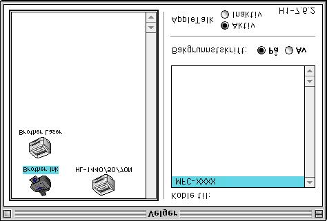 Bruke Brother-skriverdriveren med Apple Macintosh (Mac OS 8.6-9.2) Velge en skriver 1 Åpne Velger fra Apple-menyen. 2 Klikk ikonet for Brother Ink.