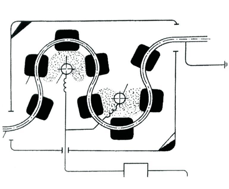 Figura 6.16. Skema e lustrimit në fushën elektrostatike me ndihmën e sprucatorit në formë disku. 1- monoshinë, 2- objekti që lustrohet, 3- disku i sprucimit.