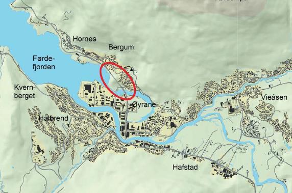 Plassering av planområde. Detaljreguleringa blir med dette fremja til planvedtak i samsvar med PBL 12-12.