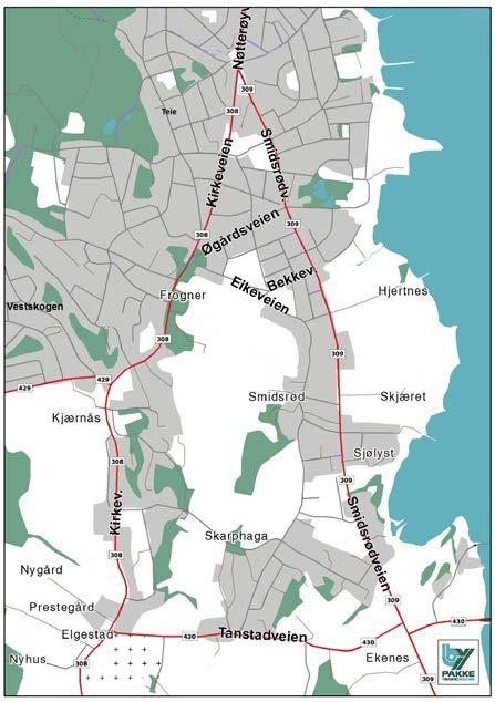 fremfor å bruke dagens øvrige veinett som forbindelser mellom Smidsrødveien og Kirkeveien. Dette slår også tilsvarende ut på trafikken over ny fjordforbindelse som også er beregnet å bli ca.