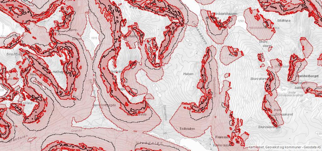 Når det gjeld områdar som er utsett for snøskred har NVE kartlagd slike områder. På NVE sine nettsider er det tilgjengeleg innsynsløysningar i skredatlas: http://atlas.nve.no/html5viewer/?