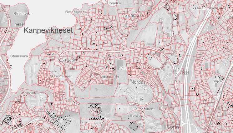 Kannevikneset på Nordås i Ytrebygda bydel. Formålet med planarbeidet er å fortette et etablert boligområde. I dag er det 9 eneboliger på eiendommene som tas med i planen.