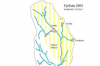 3.3 Fjellsåa Fjellsåa drenerer i hovedsak skogområder. Nedbørfeltet er middels stort (23 km 2 ) og omfatter bl.a. Geittjerna, Svarttjernet og Tørrtjeerna.