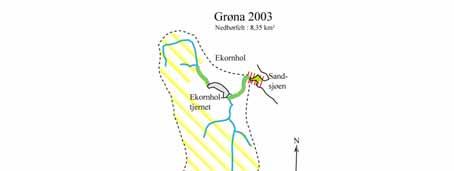 3.4 Grøna Grønas nedbørfelt, som i hovedsak består av skogområder strekker seg opp til Songkjølen og drenerer bl.a. Stormyra og Ekornholtjernet. Nedbørfeltet er relativt lite (8,4 km 2 ) og ca.