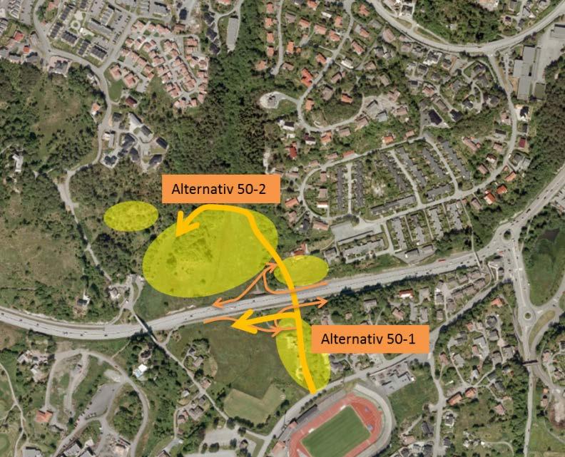 3.2.5 Alternativ 50 Raa og Grønnstølen forbi gårdstun via Grimseidvegen Alternativ 50 linje 1 og 2 vil være å nå planområdene via ny trase øst for gårdstun.