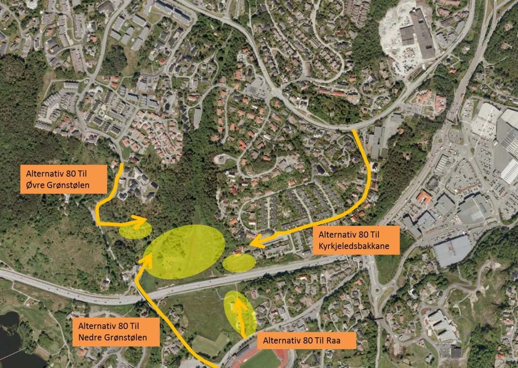 3.2.8 Alternativ 80, delt adkomst Det er sett på mulighet for dele adkomsten til planområdene Øvre Grønstølen, Grønstølen, Kyrkjeledsbakkane og Raa.