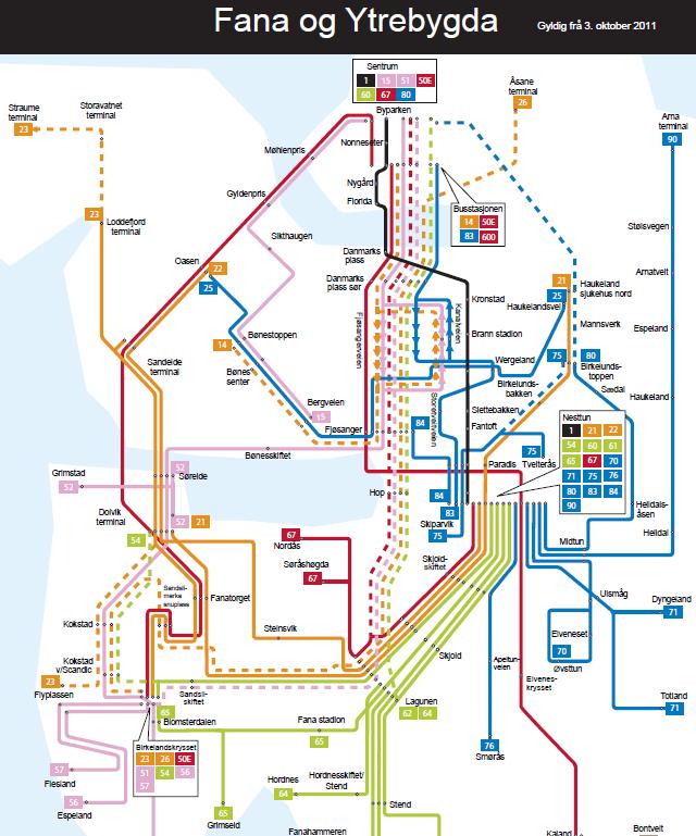 Dagens bussruter i Flyplassvegen: Rute 21 Dolvik Haukeland Sykehus Rute 26 Birkelandskr term. Åsane term.