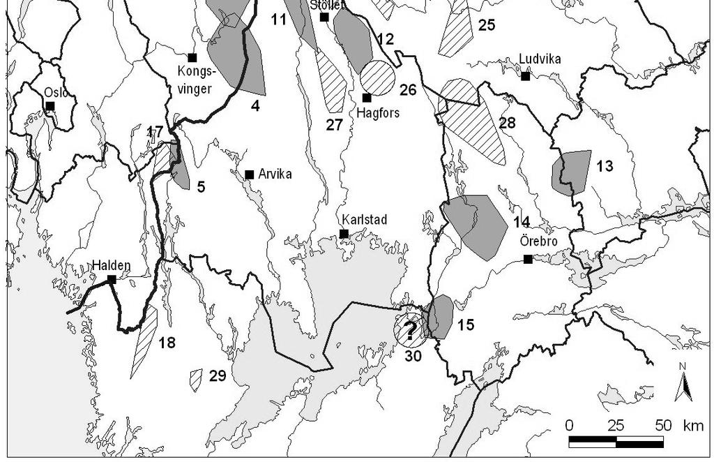 Figur 2. Utbredelsen av ulveflokker (mørkt raster) og revirmarkerende ulvepar (lys skravering) i Skandinavia fra 1. oktober til 30. april 2005-2006.