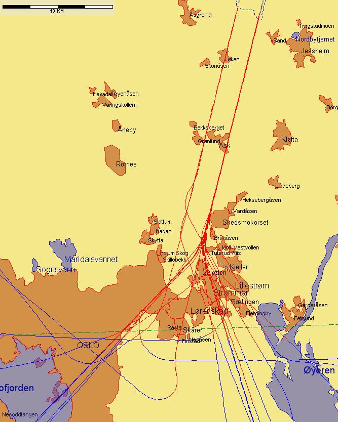 Jetflylandinger fra sør med lav høyde sør for N 59 55 00 Figur 8.