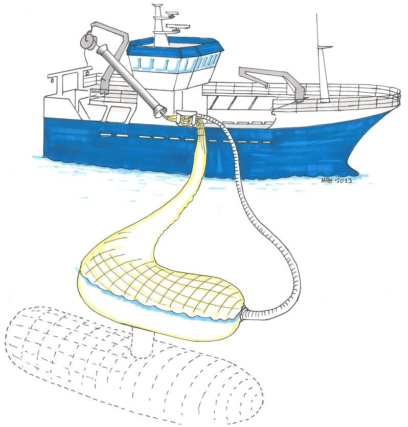 Figur 9. Overføring av fisk direkte fra snurrevad fritt i sjø til fartøy ved trykk/vakuumpumping.