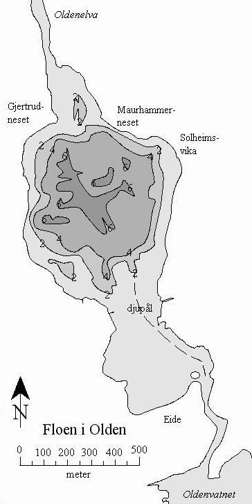 Tabell 2.1.1. Morfometriske data om dei tre innsjøane i Oldenvassdraget, henta frå NVE sine databasar. Sjå også figur 2.1.1 og 2.1.2. Data Øvre Oldevatnet Nedre Oldevatnet Floenvatnet Vassdragsnr.