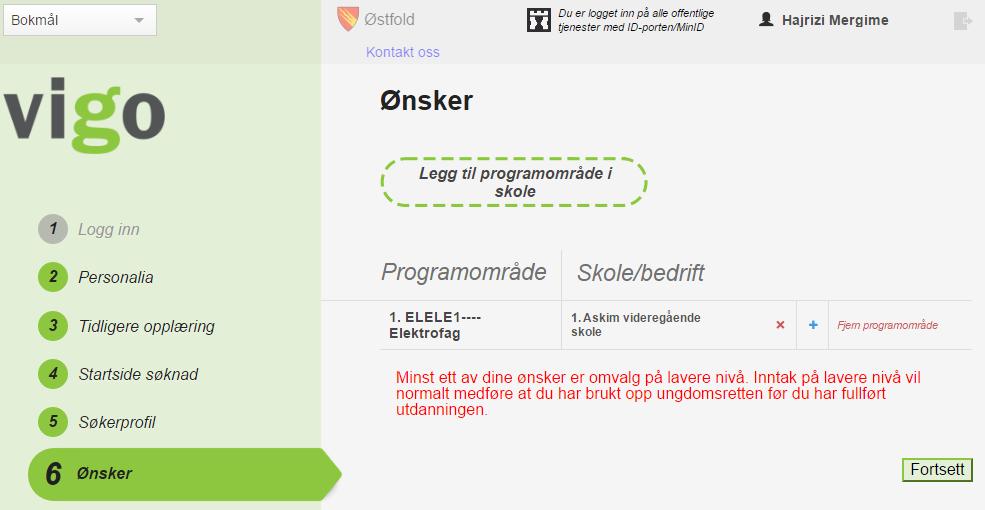 Følgende varsel gis hvis søker velger et