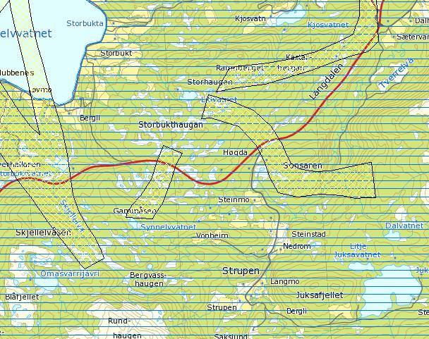 Avkjørsel offentlig veg og atkomst til omsøkte hytte følger stiplet, hvit linje. Arealfaglige forhold knyttet til den omsøkte fradeling Arrondering Driftsenheten er arealmessig stor og godt arrondert.