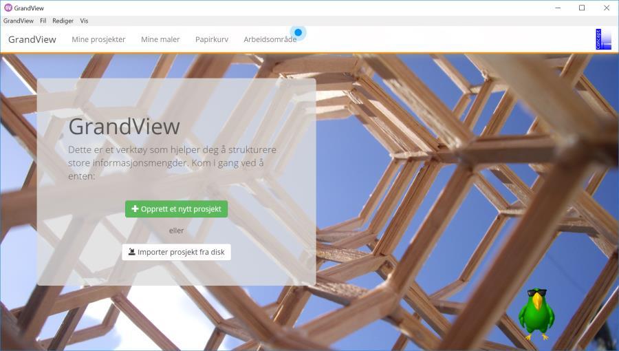 2 Hvordan komme i gang Figur 1: Forsiden. 2.1 Velge språk Når programmet starter opp, dukker det opp en grønn papegøye nederst til høyre. Klikker du på denne, kan du skifte mellom Norsk og Engelsk.