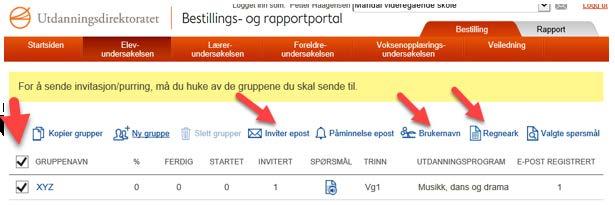 Huk av gruppene du vil invitere: Hvis du har lagt inn epostadresser kan du nå velge