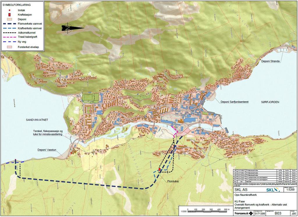 Beliggenhet av flomtunnel og kraftverk er vist på kartet i Figur 2-2. På kartet er terskel i Sandvinvatnet, tverrslag og adkomsttunneler, deponier og trasé for kabelgrøft også vist. 2.5.2. Adkomst kraftstasjon og flomluker Det vil bli etablert permanent adkomst til kraftstasjonen fra Hjadlakleivane.