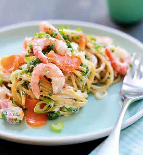 OPPSKRIFT SPAGETTI MED LAKS OG REKER Dette trenger du til 4 porsjoner: 100 g røykt laks 100 g pillede reker 200 g fullkornspagetti 3 ss crème fraîche 2 vårløk 8-10 strå gressløk ½ ts salt ¼ ts pepper