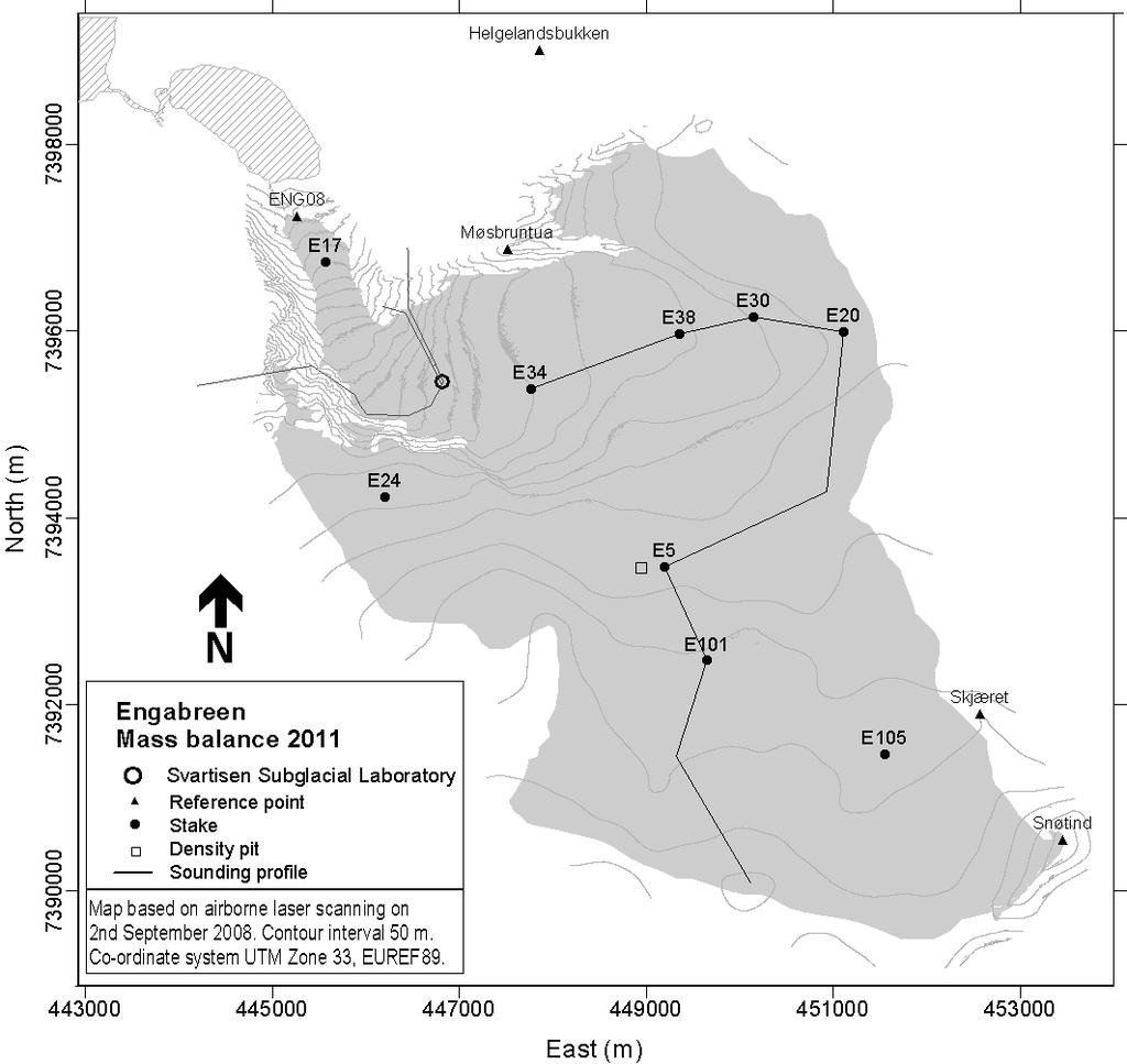 3 Breundersøkingar 2011 3.1 Massebalanse på Engabreen 2011 Massebalansemålingar på Engabreen har pågått sidan 1970.