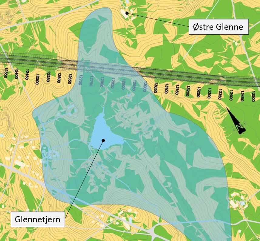 Grønt illustrer helning <1:20, gult illustrerer helning >1:20. Området med potensielt sprøbruddmateriale er markert med blå skravur.