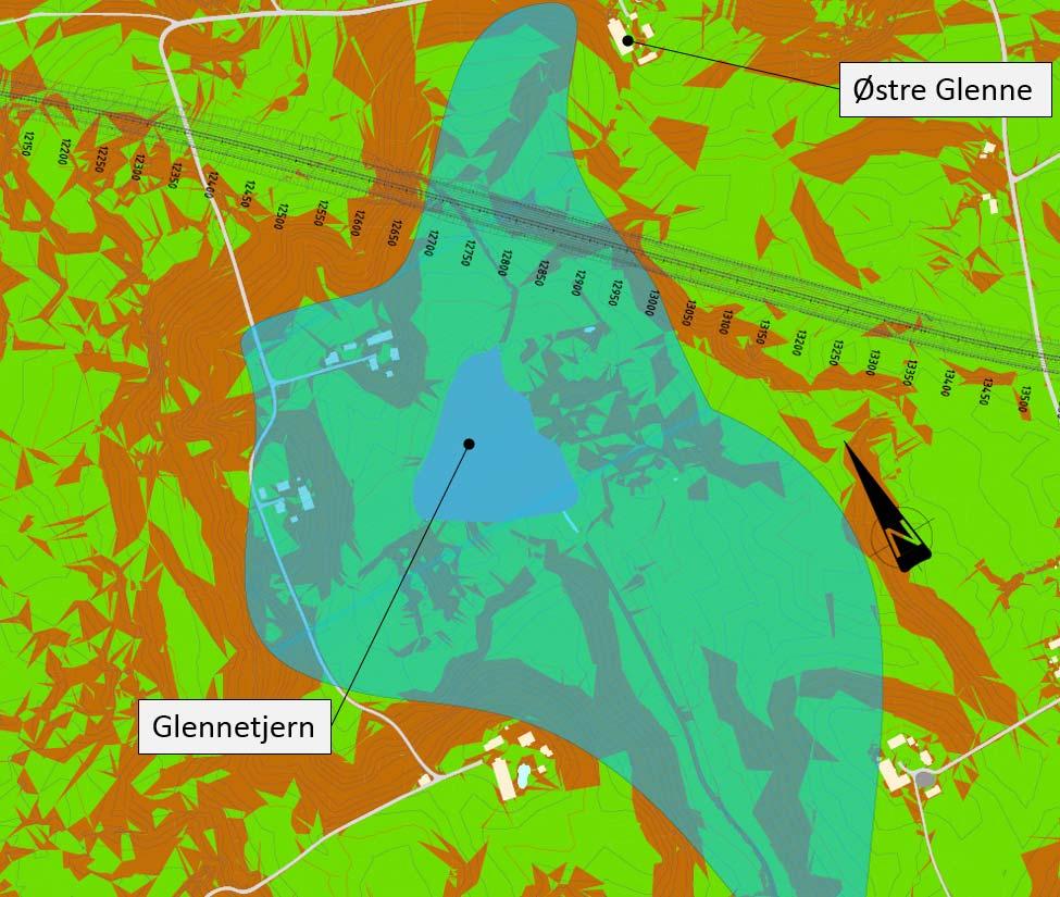 Figur 8-4 Terrenghelning: Grønt illustrer helning <1:15, brun illustrerer helning >1:15. Antatt/påvist sprøbruddmateriale er markert. Et evt.