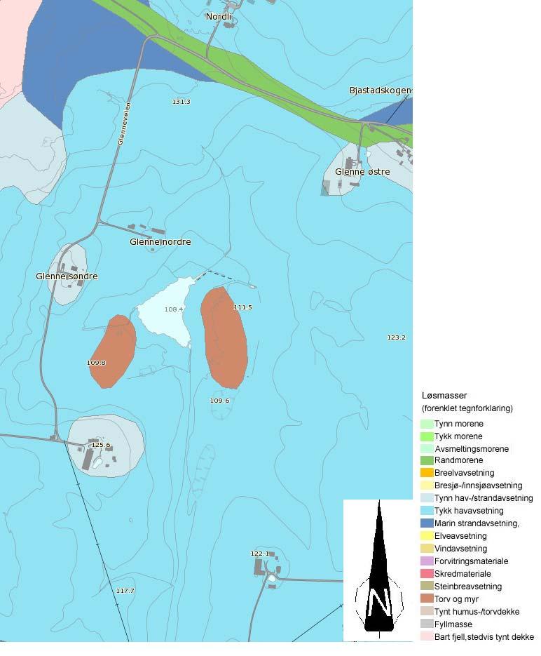 8.1.3 Avgrens områder med marine avsetninger Figur 8-1 viser det kvartærgeologiske kart over området. Figur 8-1 Kvartærgeologisk kart over området [ngu.