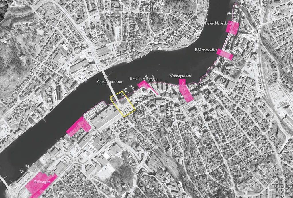 19 En oversikt over de ulike byrommene som finnes langs Porsgrunnselva. Franklintorget er merket med gult og utgjør et stort og viktig byrom for Porsgrunn.