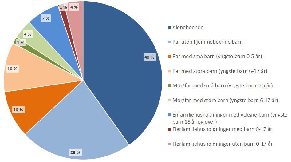 Vedlegg Husholdninger etter type, Drammen 2016 Kilde: SSB Aleneboende utgjør 40% av alle husholdninger,