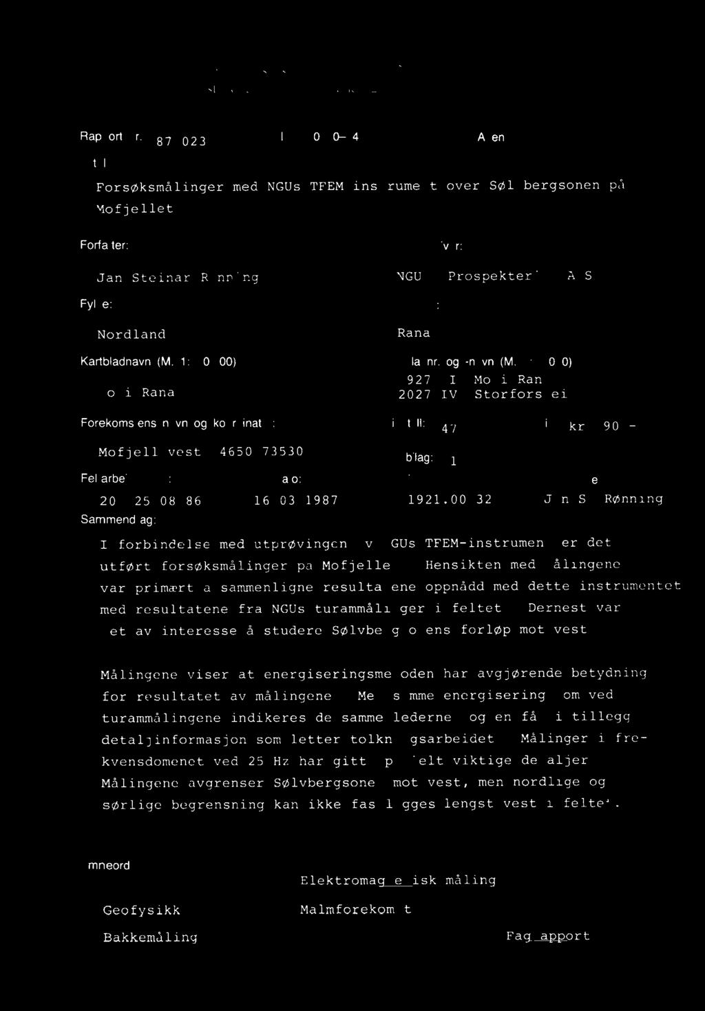 Rapport nr ISSN 0800-3416 Apen Æuct:r4Xgtt ti4: Tittel: For ro, tbtrivi 1ttO: t1-instrostent 1 rotemos Fortatter Oppdragsgiver: Fyike Kommune Nstst 1 t: Ran_t Kartn'adnavo 1M 1 250 000: Kartbladnr og