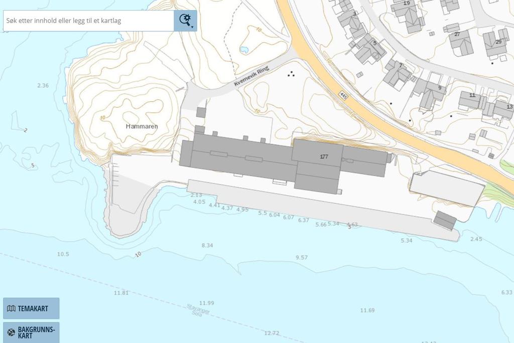 Fig. 1. Tiltaksområdet Kvernevik Ring 177 og dybdeforholdene langs kaisiden og i sjøen utenfor. Kilde: www.kystinfo.