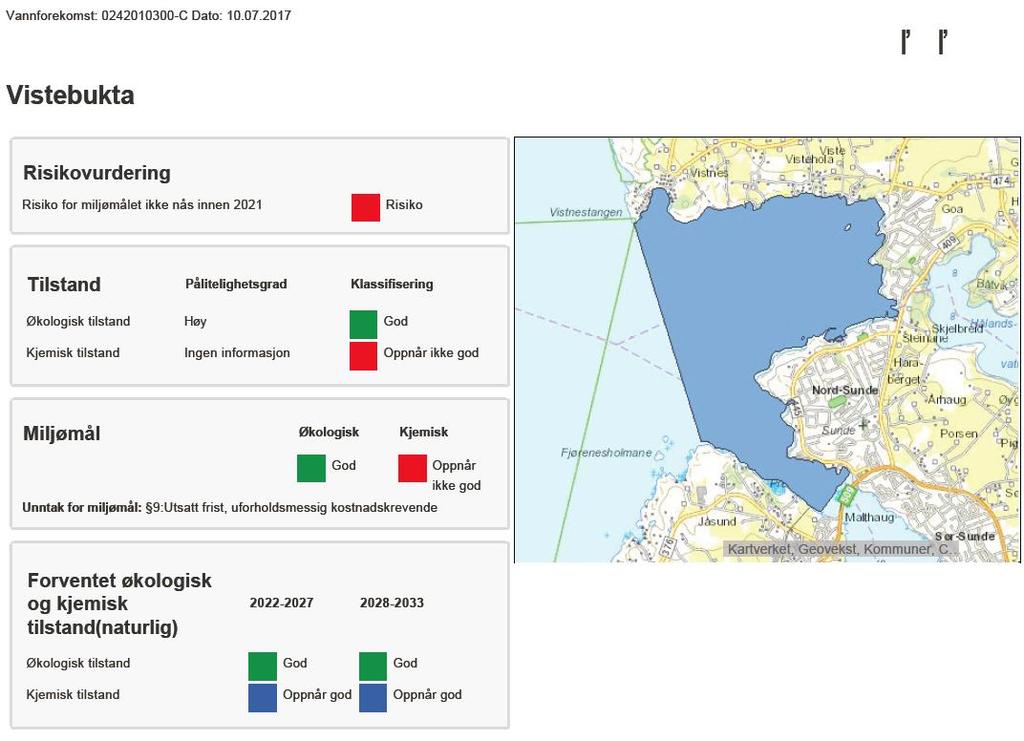 Fig. 2. Tiltaksområdet Kvernevik Ring 177 er en del av Vistebukta vannforekomst. Her vises et utsnitt av informasjonen som foreligger om vannforekomsten. Kilde: http://vann-nett.no/portal/water?