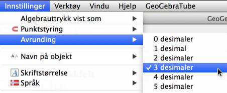 Framgangsmåten med GeoGebra Vi vil her bare se på løsningen av oppgavene c og d. Åpne GeoGebra. Klikk på Innstillinger, Avrunding og vel 3 desimaler. Skriv i inntastingsfeltet: Funksjon[0.