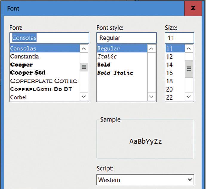 1 2 3 Font permite modificarea a trei dintre proprietățile textului: tipul fontului (1) stilul fontului: Bold (îngroșat, aldin), Italic (înclinat, cursiv), Regular (normal) (2) mărimea fontului (3)